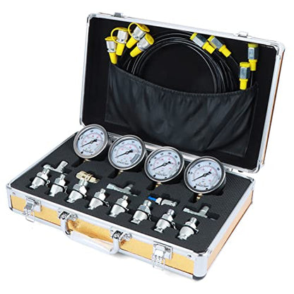 Hydraulic Pressure Gauge Test Kit, 4 Pressure Gauges, 4 Test Hoses, 10 Couplings, 3 Tee Connectors for Excavator Construction Machinery(Gold) - size: Gold 4 Gauges 10 Couplings 3 Tee Connectors