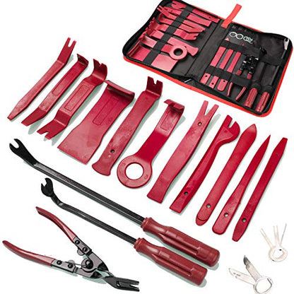 Poraxy 19Pcs Trim Removal Tool,Car Panel Door Audio Trim Removal Tool Kit, Auto Clip Pliers Fastener Remover Pry Tool Set with Storage Bag - color: Red
