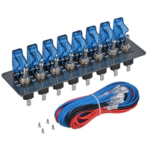 8 LED Racing Car Toggle Switch Panel 12V DC, Carbon Fiber Coated Aluminum Plate, Safety Cover Protection, Suitable for car, Truck, Ship Modification (8 Blue Switches) - color: Blue