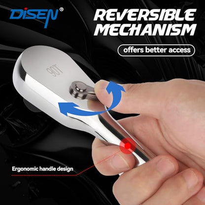 DISEN Extra Long Handle 1/2" Drive Ratchet Socket Wrench,90-Tooth Ratchet Wrench with 14" Handle and Dust Proof Teardrop Enclosed Head, Reversible, CR-V Steel Made, CR-MO Head, Gifts for Men - color: 90-t Long Drive Ratchet Set