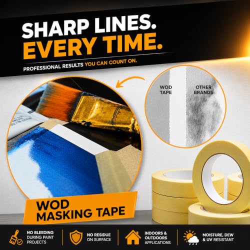 WOD Utility Grade General Purpose Masking Tape, 3/4 inch x 60 yds (Pack of 12) Great for Home or Office, Painting, or Labeling, Adhesive Leaves no Residue - size: 3/4 inch - Pack of 12