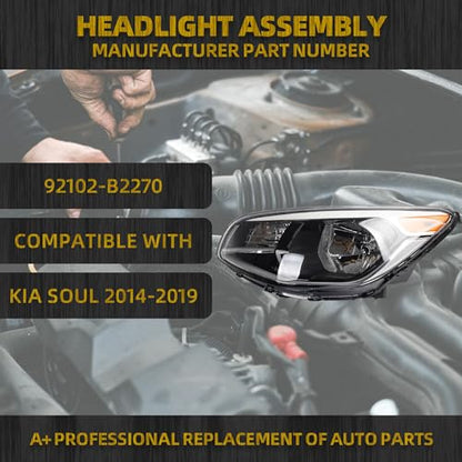 Dasbecan Left side Halogen Headlight Compatible With Kia Soul 2014-2019 - size: Left