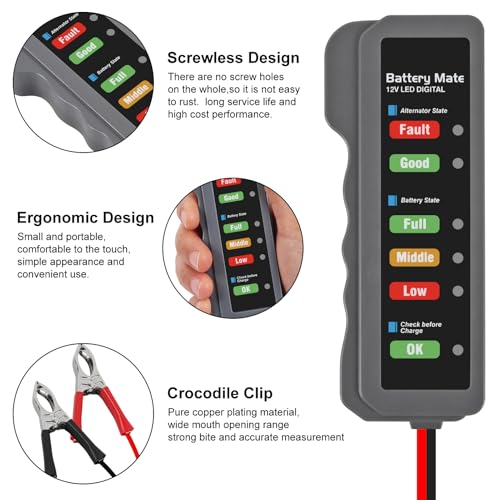 12V car Battery Tester, Alternator Tester Automotive,Battery Checker, Analyzer to Check alternator & Battery Charging System,LED Indication (A) - color: A