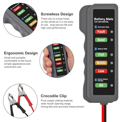 12V car Battery Tester, Alternator Tester Automotive,Battery Checker, Analyzer to Check alternator & Battery Charging System,LED Indication (A) - color: A