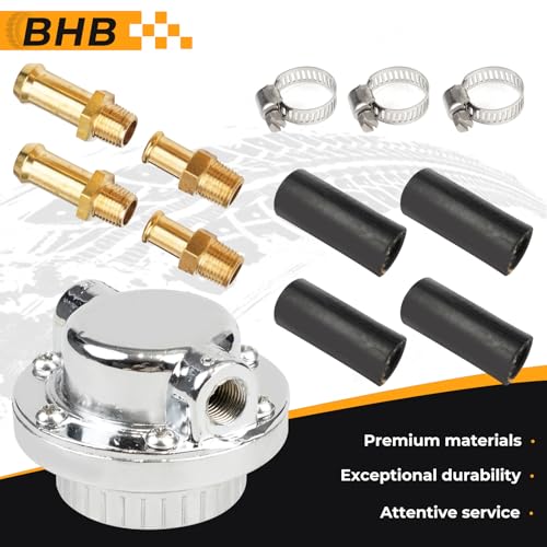 BHB Zinc alloy Universal adjustable Fuel Pressure Regulator 1-5 PSI kit for Single carburetor and dual carburetor FPR with rubber hoses steel clamps brass fittings for 8mm and 10mm fuel lines - size: 1-5 PSI kit