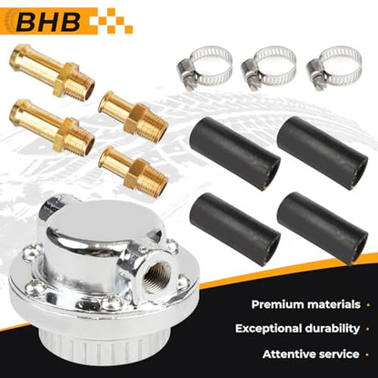 BHB Zinc alloy Universal adjustable Fuel Pressure Regulator 1-5 PSI kit for Single carburetor and dual carburetor FPR with rubber hoses steel clamps brass fittings for 8mm and 10mm fuel lines - size: 1-5 PSI kit