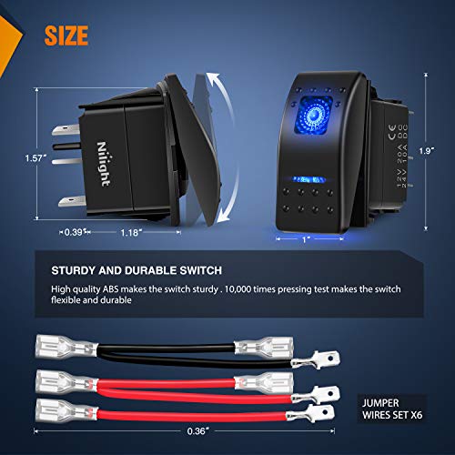 Nilight 6PCS 5PIN SPST Rocker Switches with 6 Sets Jumper Wires Set 20A/12V 10A/24V On/Off Toggle Switches with Night Glow Sticker for Trucks Boats Auto Motorcycles,2 Years Warranty (90131F) , Blue - color: Blue 6 PCS