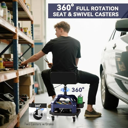 HOMCOM Rolling Mechanic Stool 300 LBS Capacity, Backrest 360° Wheels Blue - color: Blue
