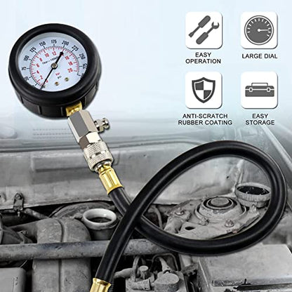 JoyFans 0-300 PSI Compression Tester Automotive Tool, Petrol Gas Engine Cylinder Pressure Test Kit with Gauge Adapter M10 M12 M14 M18 for Small Engine Cars Motorcycles Trucks SUVs Black