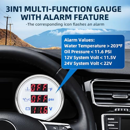 MH Triple Gauge Set - Water Temp (104°F-248°F), Oil Pressure (0-145PSI), Voltmeter (9-32V), AUTO Gauge with Sensors 2" 52mm 3-in-1 Boat Marine Meter Kit (White) - color: White