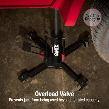 Sunex Tools 7793B 1,000 lb Telescopic Transmission Jack, Hydraulic, Foot Pump Operated, Tilt Saddle with Chain Tie-Down, 74.2 in Max Height - style: 1/2-Ton Telescopic Trans-Jack