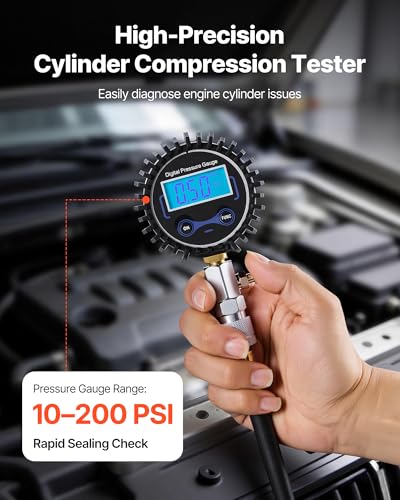 VEVOR Engine Cylinder Compression Tester Kit, Pressure Gauge Range of 10-200 PSI, Compression Tester Kit with 4 Adapters, Straight & Angled Extended Metal Tubes for Automotive Cars and Motorcycles