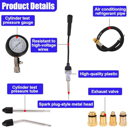 9PCS Petrol Engine Cylinder Compression Tester Kit with Spark Plug Tester, 0-21 Bar & 0-300 PSI Compression Gauge Car and Motorcycle Engine Testing Tool (Red) - color: Red