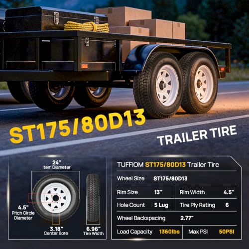 TUFFIOM 2 Pack 175/80/13 Trailer Tire and Wheel Assembly, 5 Lug on 4.5 Inch PCD with 13" Rims Load Range C 6PR White, ST175/80D13 - color: White, size: ST175/80D13