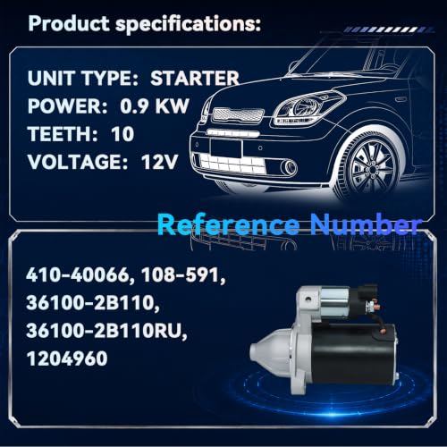 410-40066 36100-2B110 Starter Motor for 2014-2019 Kia Soul L4 1.6L, 2016-2017 Kia Rio, 12V 0.9KW 10 Teeth CW - size: 410-40066