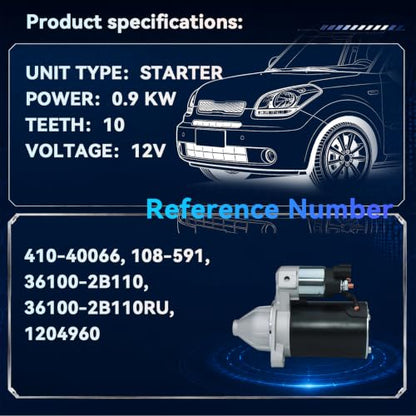 410-40066 36100-2B110 Starter Motor for 2014-2019 Kia Soul L4 1.6L, 2016-2017 Kia Rio, 12V 0.9KW 10 Teeth CW - size: 410-40066