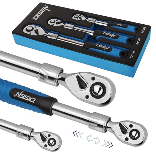 DISEN 3PCS Extendable Ratchet Wrench Set,1/4" 3/8" 1/2" Drive 72-Tooth, Quick-Release, Reversible Drive Socket Wrenches,Soft Grip Handle with Storage Tray - color: Extendable Ratchet Set