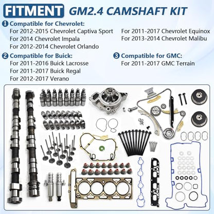 2.4 Camshaft kit with VVT Valve, Water Pump, Head Gasket Set, VCT Selenoid Actuator Gear for Chevy Equinox GMC Terrain Buick Lacrosse 2011-2017 LAF LUK LEA 12656486 12604896 12634207 - color: GM2.4 Complete Kit