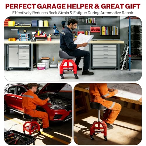 BILITOOLS Rolling Shop Stool with Wheels, Adjustable Mechanic Seat