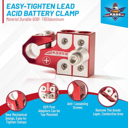 Kaas Lead Acid Battery Terminal Clamps, Positive and Negative Set, for SAE/DIN/EN Tapered Top Post, 4-Way Connectors, Compatible with 8AWG to 4/0 AWG, Includes OEM Top Post Adapter