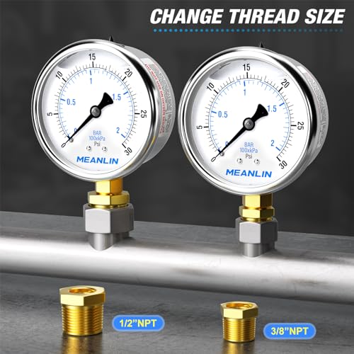 MEANLIN MEASURE 0~30Psi Stainless Steel 1/4" NPT 2.5" FACE DIAL,Liquid Filled Pressure Gauge,WOG Water Oil Air Lower Mount (Pack of 2), with 1/2" NPT and 3/8" NPT Hex Bushing - size: 0-30Psi (2Pcs)