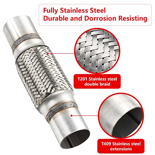 Exhaust Flex Pipe, 2''x 6''Stainless Steel Heavy Duty Exhaust Flex Pipe, Double Braid Exhaust Flex Tube, Overall Length 10'' - size: 2''x6''x10'', style: 1 PC