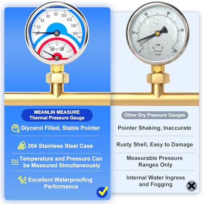 MEANLIN MEASURE 0-160Psi Stainless Steel Thermal Pressure Gauge 30-250℉ 1/4" NPT 2.5" FACE DIAL Liquid Filled Pressure Gauge, with 1/2" NPT and 3/8" NPT Hex Bushing, Lower Mount - size: Lower Mount, style: Liquid Filled