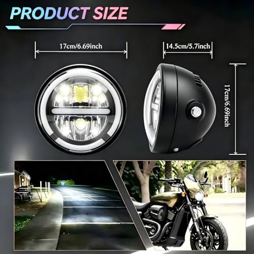 6.69 Inch Motorcycle LED Headlight with Mounting Brackets Assembly, 6.69 inch universal Round Headlamp with High/Low Beam Turn Signal DRL for Cafe Racer E-bike Bobber Chopper