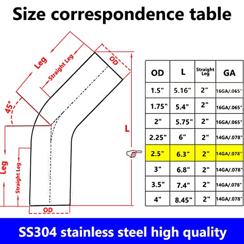 2.5" Stainless Steel Elbow 45° Mandrel Bend Elbow - 1.5D/3.75" CLR Loose Radius - 14GA /.078" Wall - 2" Legs - SS304 Stainless Elbow for Car Modified Exhaust Elbow Pipe, Pipeline, etc - size: OD: 2.5"