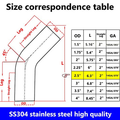 2.5" Stainless Steel Elbow 45° Mandrel Bend Elbow - 1.5D/3.75" CLR Loose Radius - 14GA /.078" Wall - 2" Legs - SS304 Stainless Elbow for Car Modified Exhaust Elbow Pipe, Pipeline, etc - size: OD: 2.5"
