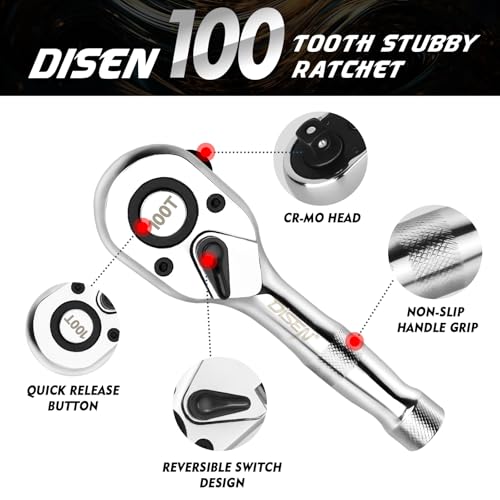 DISEN 3-Piece Stubby Ratchet Set – 1/4", 3/8", 1/2" Drive | 100-Tooth Ratchet with EVA Storage Tray | Quick Release Button | Non-Slip Grip | Reversible 3.6° Design for Tight Spaces, Chrome Finish - color: Stubby Ratchet Set