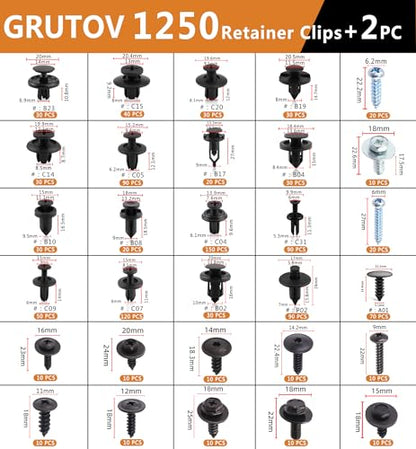 1252PCS Car Push Pins Automotive Clips Plastic Rivets Shield Retainer Clips Assortment Xmas Tree Fasteners Kit Most Common Sizes Auto Body Push Pin with Removers for Ford Honda Chrysler GM - size: 1252PCS
