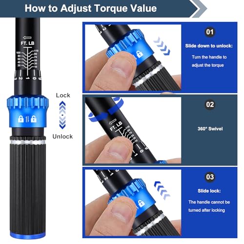 3/8 inch Drive Click Torque Wrench, Click Torque Wrench 3/8 Torquimetro 10-110 FT.LB/13.6-149.2 Nm, Dual-Direction Adjustable 72 Tooth for Bike Moto and Car Repair - size: 3/8" 10-110 FT.LB