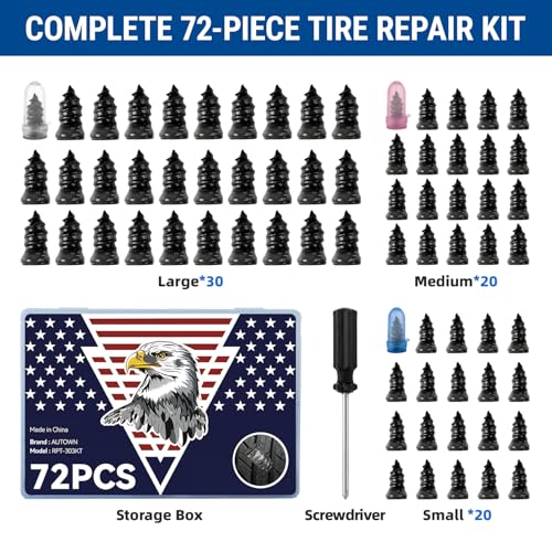 AUTOWN 72PCS Tire Repair Rubber Nail Kit - Complete Set with 3 Sizes, Storage Box & Screwdriver - for Car, Truck, Motorcycle & More - size: 72PCS