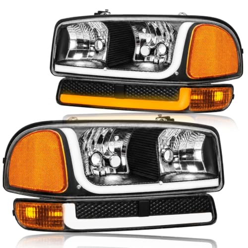 fit1999-2006 GMC Sierra 1500 2500 3500 Headlights w/Dual LED DRL for Yukon XL 1500 2500 NO Denali Trim Models Black Housing Amber Reflector - color: Black Housing Amber Reflector