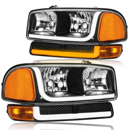fit1999-2006 GMC Sierra 1500 2500 3500 Headlights w/Dual LED DRL for Yukon XL 1500 2500 NO Denali Trim Models Black Housing Amber Reflector - color: Black Housing Amber Reflector