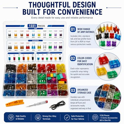 1221 Piece Car Fuse Assortment Kit 2A-80A Mini Standard JCASE