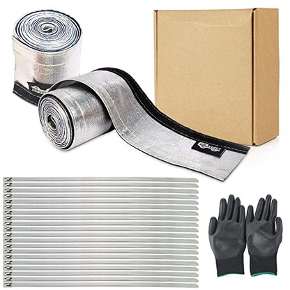 2 Pcs Heat Shroud Sleeve Aluminized Sleeving with Hook&Loop Closure 3/4" I.D.x 10FT with 20PCS Stainless Steel Cable Metal Ties and 1Pair of Operating Gloves - size: 2*3/4"I.D.x 10FT