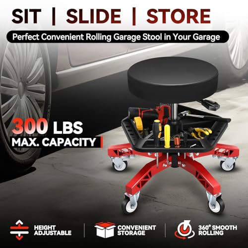Auto Dynasty Rolling Mechanic Stool, Height Adjustable w/Tool Tray, Red - color: Red (w/Tool Storage Tray)