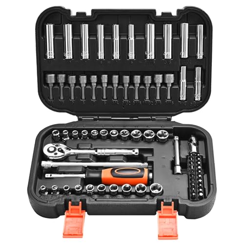 VEVOR Socket Set, 70 Pieces, 1/4 inch Drive Socket and Ratchet Set, SAE and Metric, Deep and Shallow, Mechanic Tool Kit with Bits, Accessories and Storage Case, CR-V Alloy Steel, for Automotive Repair - size: 70-PCS