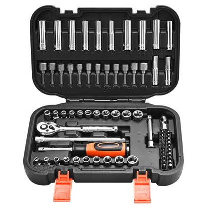 VEVOR Socket Set, 70 Pieces, 1/4 inch Drive Socket and Ratchet Set, SAE and Metric, Deep and Shallow, Mechanic Tool Kit with Bits, Accessories and Storage Case, CR-V Alloy Steel, for Automotive Repair - size: 70-PCS