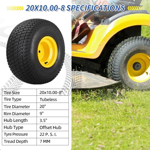 GICOOL 20x10.00-8 Lawn Mower Tire and Wheel, 3/4" Borehole, and 3/16" Keyway, 3.5" Offset Hub, 4 Ply Tubeless Tire, Replacement 20x10-8nhs Riding Lawn Mower and Tractor Rear Tire and Wheel Assemblies - size: 20x10.00-8 Tubeless