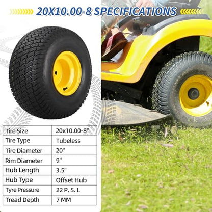 GICOOL 20x10.00-8 Lawn Mower Tire and Wheel, 3/4" Borehole, and 3/16" Keyway, 3.5" Offset Hub, 4 Ply Tubeless Tire, Replacement 20x10-8nhs Riding Lawn Mower and Tractor Rear Tire and Wheel Assemblies - size: 20x10.00-8 Tubeless