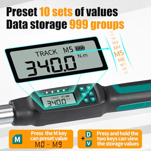 1/2” Digital Torque Wrench Set 7.5-250.8 ft-lb/10.2-340 Nm, ±2% Accuracy, LED & Buzzer Alerts, with 3 Adapters (1/4", 3/8"& Extension Bar), Industrial CR-V Steel for Car, Motorcycle, Bike Repair - size: 1/2", 7.5-250.8 ft-lb (10.2-340 Nm)