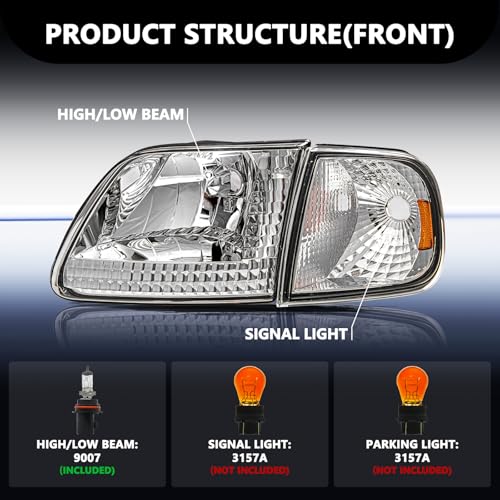 Aosky Halogen Headlights Assembly for 1997-03 Ford F150 Expedition - color: Chrome / Amber, style: w/ Bulbs