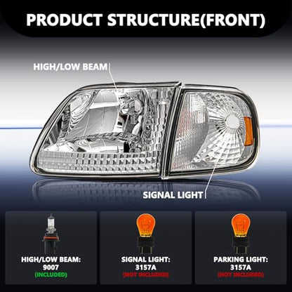Aosky Halogen Headlights Assembly for 1997-03 Ford F150 Expedition - color: Chrome / Amber, style: w/ Bulbs