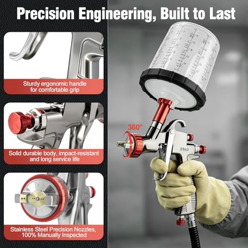 LVLP Automotive Paint Spray Gun R500 Kit, 1.3/1.5/1.7/2.0mm Nozzles LVLP Spray Gun with 600ml Plastic Cup&650ml Disposable Cups& Air Regulator Set, for Painting