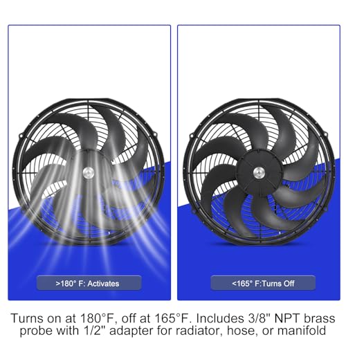 Universal 16-Inch Slim Electric Radiator Cooling Fan Kit – 12V 100W Push/Pull with Thermostat, Relay, Wiring Harness & Mounting Kit, Universal Fit – Black - size: 16 inch