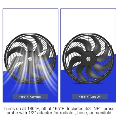 Universal 16-Inch Slim Electric Radiator Cooling Fan Kit – 12V 100W Push/Pull with Thermostat, Relay, Wiring Harness & Mounting Kit, Universal Fit – Black - size: 16 inch