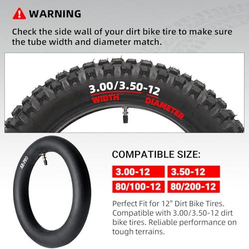 AR-PRO 3.00/3.50-12" Dirt Bike Inner Tubes with TR4 Straight Valve, 80/200-12 Heavy Duty Motorcycle Tire Replacement Inner Tubes, Compatible with Honda CRF50/XR70 Yamaha TTR 90/100 and More (1-Pack) - size: 3.00/3.50-12,TR-4 (1-Pack)